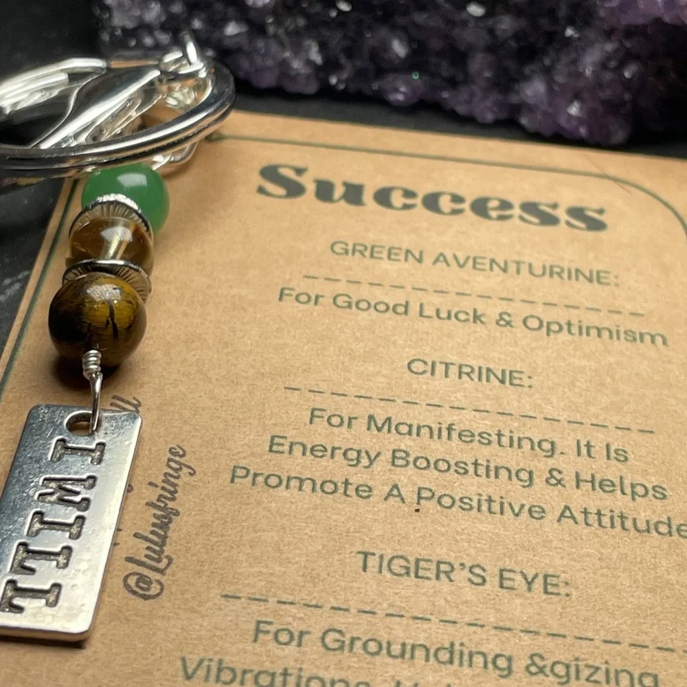 Success Crystal Guide Card And Green Aventurine Citrine And Tigers Eye Keychain
